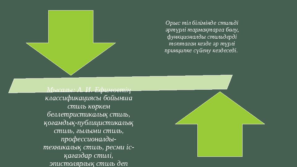 Орыс тіл білімінде стильді әртүрлі тармақтарға бөлу, функционалды стильдерді топтаған кезде әр түрлі принципке сүйену кездес