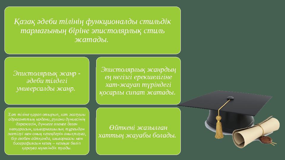 Қазақ әдеби тілінің функционалды стильдік тармағының біріне эпистолярлық стиль жатады. Эпистолярлық жанр - әдеби тілдегі ун