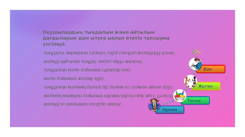 Оқушылардың тыңдалым және айтылым дағдыларын дам ытуға ықпал ететін тапсырма үлгілері: -тыңдауға, мазмұнын түсінуге түрлі стил