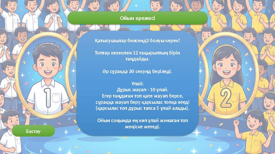 Қатысушылар белсенд3 болуы керек! Топтар кезекпен 12 тақырыптың бірін таңдайды. Әр сұраққа 30 секунд беріледі. Ұпай: Дұрыс жауа