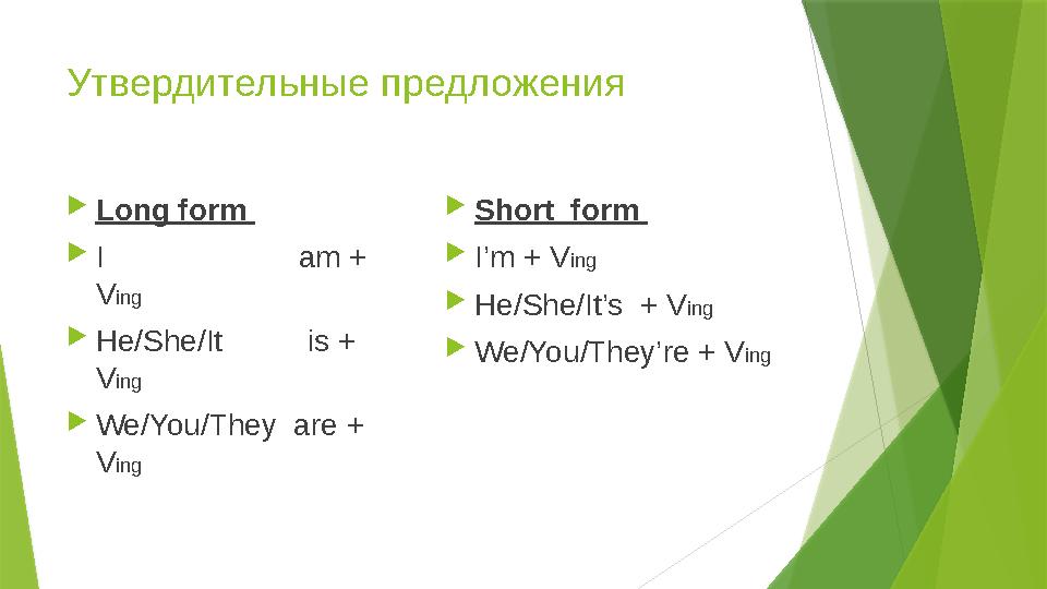 Утвердительные предложения Long form I am + Ving He/She/It is + Ving We/You/They are + V