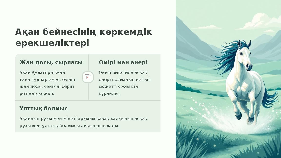 Ақан бейнесінің көркемдік ерекшеліктері Жан досы, сырласы Ақан Құлагерді жай ғана тұлпар емес, өзінің жан досы, сенімді серіг