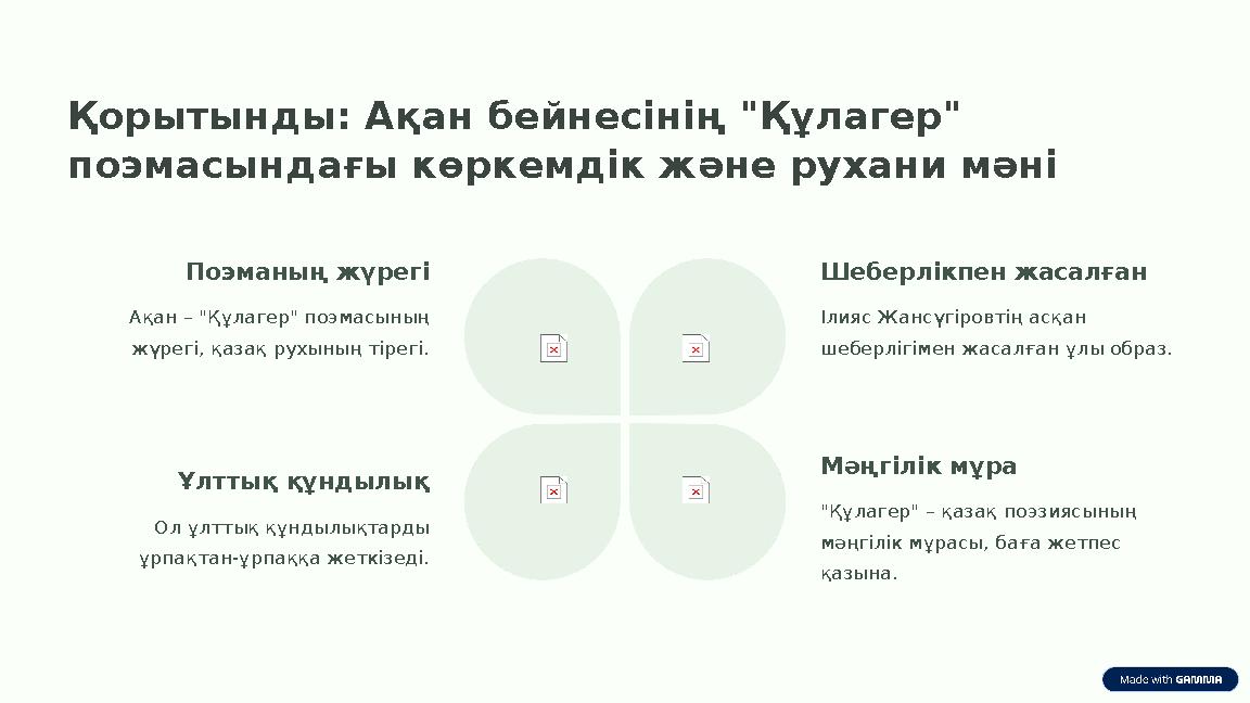 Қорытынды: Ақан бейнесінің "Құлагер" поэмасындағы көркемдік және рухани мәні Поэманың жүрегі Ақан – "Құлагер" поэмасының жүрег