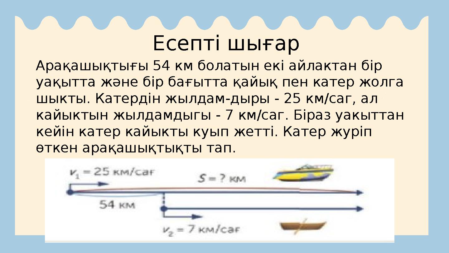 Есепті шығар Арақашықтығы 54 км болатын екі айлактан бір уақытта және бір бағытта қайық пен катер жолга шыкты. Катердін жылдам