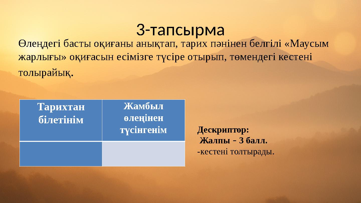3-тапсырма Өлеңдегі басты оқиғаны анықтап, тарих пәнінен белгілі «Маусым жарлығы» оқиғасын есімізге түсіре отырып, төмендегі ке
