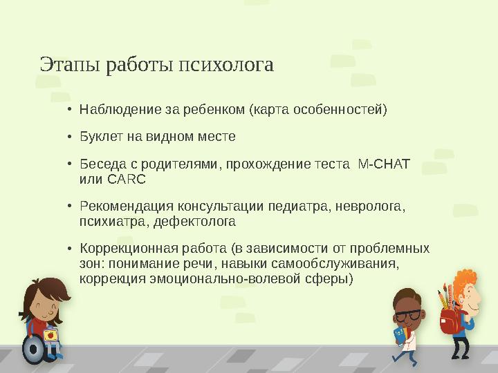 Этапы работы психолога •Наблюдение за ребенком (карта особенностей) •Буклет на видном месте •Беседа с родителями, прохождение т