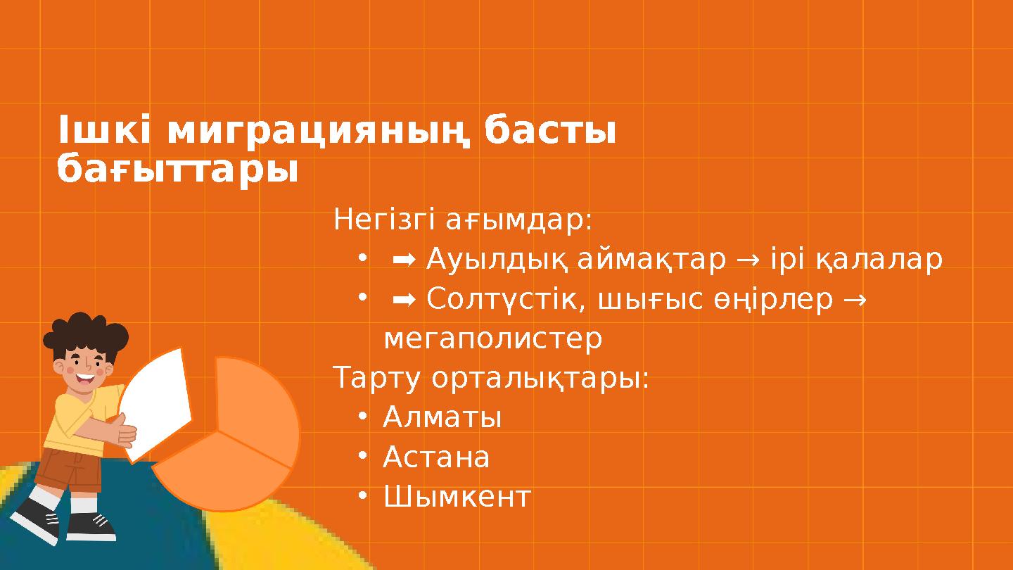 Негізгі ағымдар: • ➡️ Ауылдық аймақтар → ірі қалалар • ➡️ Солтүстік, шығыс өңірлер → мегаполистер Тарту орталықтары: •Алмат
