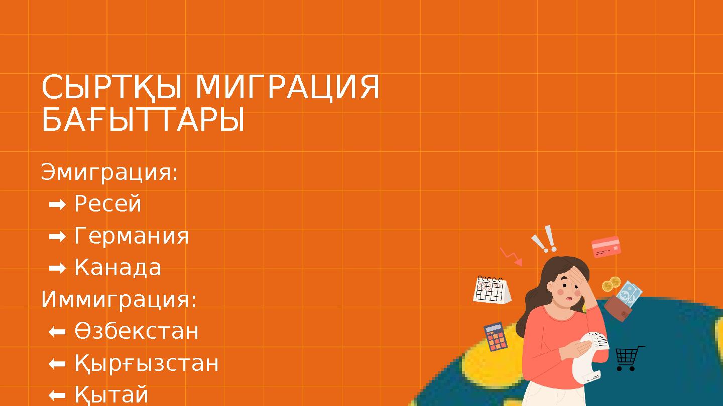 Эмиграция: ➡️ Ресей ➡️ Германия ➡️ Канада Иммиграция: ⬅️ Өзбекстан ⬅️ Қырғызстан ⬅️ Қытай СЫРТҚЫ МИГРАЦИЯ БАҒЫТ