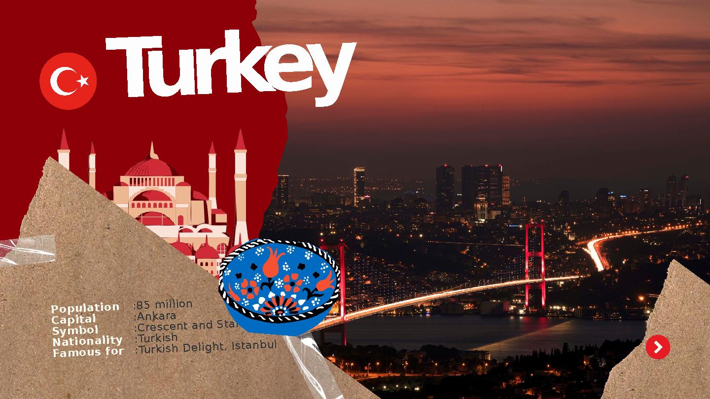 :85 million :Ankara :Crescent and Star :Turkish :Turkish Delight, Istanbul Turkey Population Capital Symbol Nationality Famous f