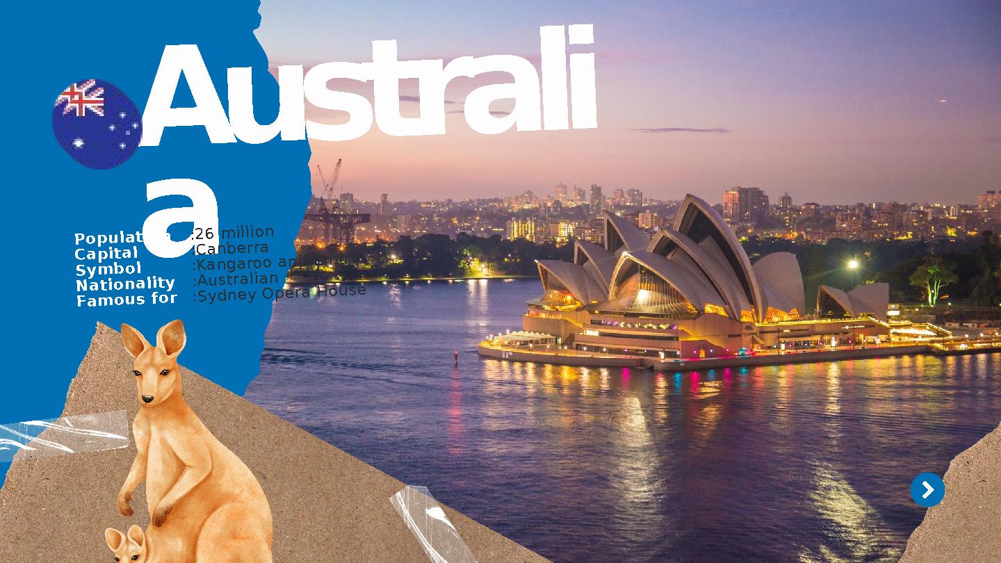 Australi a :26 million :Canberra :Kangaroo and Emu :Australian :Sydney Opera House Population Capital Symbol Nationality Famous