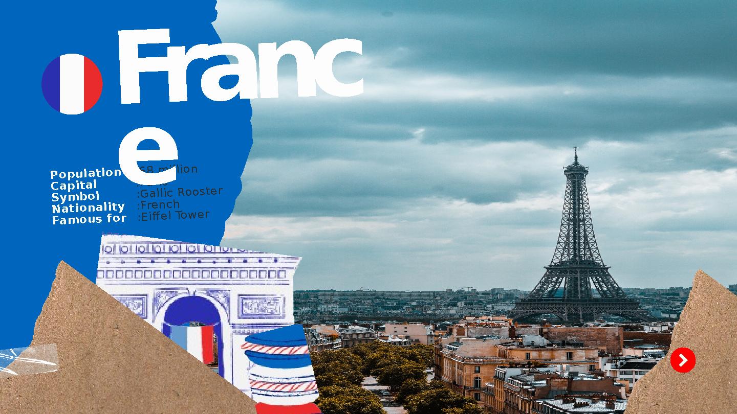 :68 million :Paris :Gallic Rooster :French :Eiffel Tower Franc e Population Capital Symbol Nationality Famous for