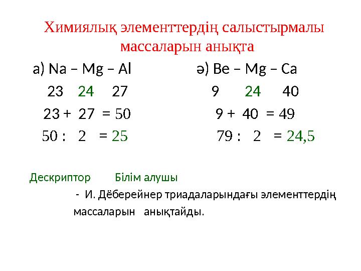 Химиялық элементтердің салыстырмалы массаларын анықта а) Na – Mg – Al ә) Be – Mg – Ca 23 24 2