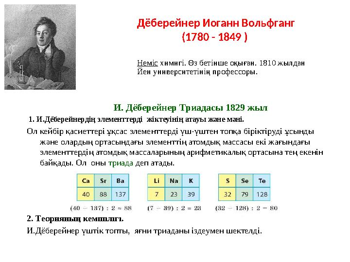 И. Дëберейнер Триадасы 1829 жыл 1. И.Дëберейнердің элементтерді жіктеуінің атауы және мәні. Ол кейбір қасиеттер