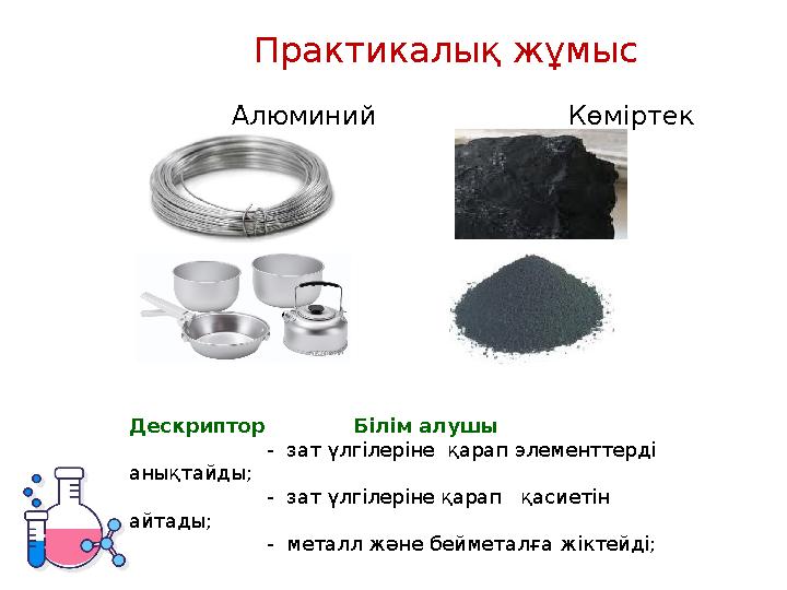 Алюминий Көміртек Дескриптор Білім алушы - зат үлгілеріне