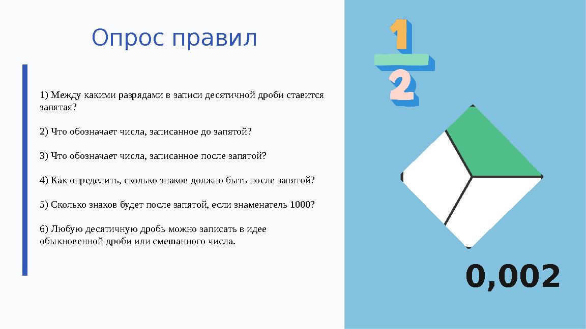 Опрос правил 1) Между какими разрядами в записи десятичной дроби ставится запятая? 2) Что обозначает числа, записанное до запя