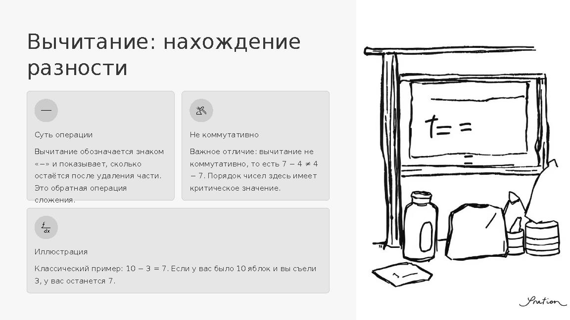 Вычитание: нахождение разности Суть операции Вычитание обозначается знаком «−» и показывает, сколько остаётся после удаления