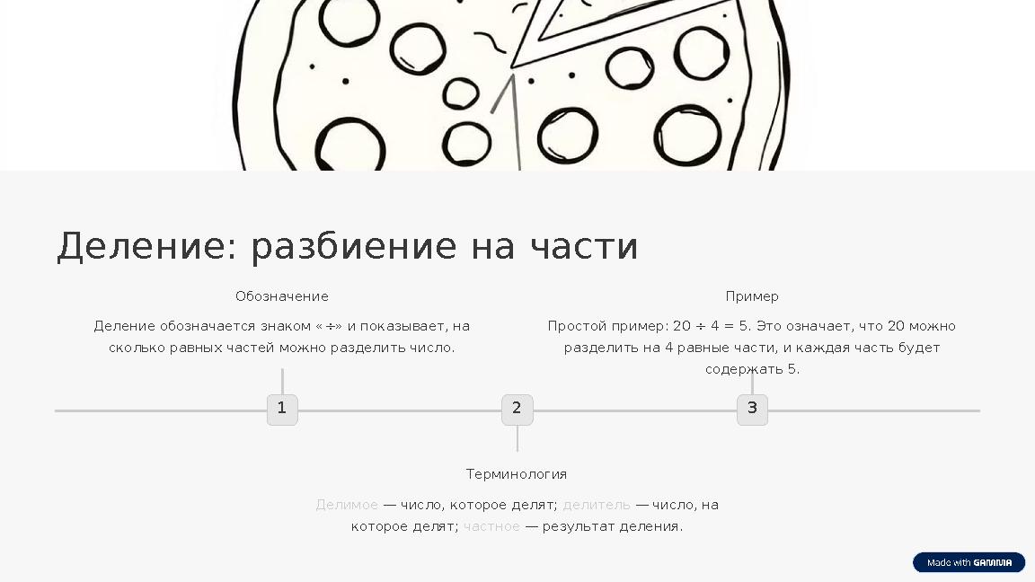 Деление: разбиение на части 1 Обозначение Деление обозначается знаком «÷» и показывает, на сколько равных частей можно разделит