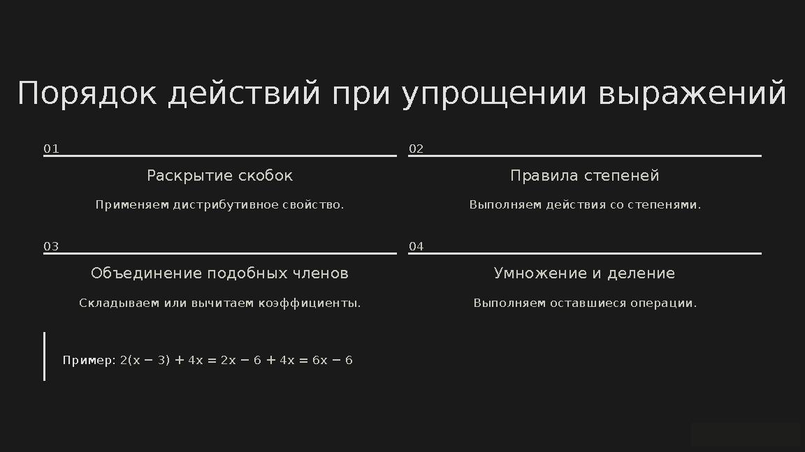 Порядок действий при упрощении выражений 01 Раскрытие скобок Применяем дистрибутивное свойство. 02 Правила степеней Выполняем де