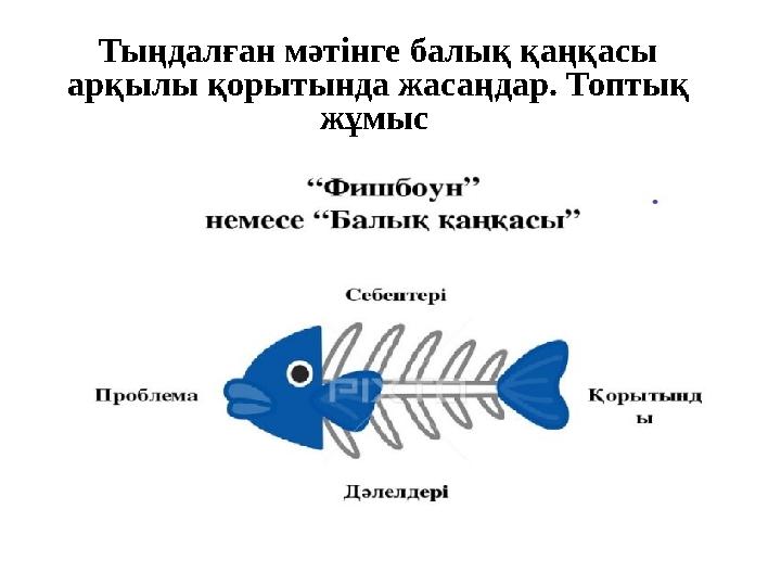 Тыңдалған мәтінге балық қаңқасы арқылы қорытында жасаңдар. Топтық жұмыс