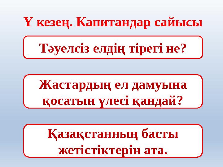 Ү кезең. Капитандар сайысы Тәуелсіз елдің тірегі не? Жастардың ел дамуына қосатын үлесі қандай? Қазақстанның басты жетістіктер