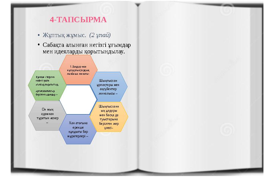 4-ТАПСЫРМА •Жұптық жұмыс. (2 ұпай) •Сабақта алынған негізгі ұғымдар мен идеяларды қорытындылау. 1.Заңдар мен нұсқаулықтардың