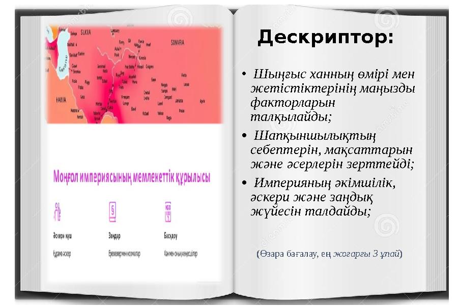 Дескриптор: • Шыңғыс ханның өмірі мен жетістіктерінің маңызды факторларын талқылайды; • Шапқыншылықтың себептерін, мақсатта