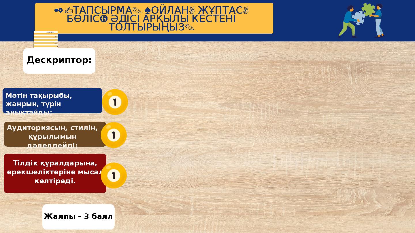 Жалпы - 3 балл Дескриптор: Тілдік құралдарына, ерекшеліктеріне мысал келтіреді. 2- . « , , ТАПСЫРМА ОЙЛАН ЖҰПТАС » БӨЛІС ӘД