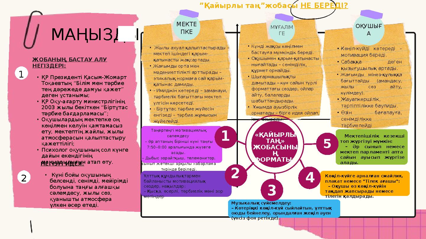 1 2 •Күнді жақсы көңілмен бастауға мүмкіндік береді. •Оқушымен қарым-қатынасты нығайтады – сенімділік, құрмет орнайды. •Шыға