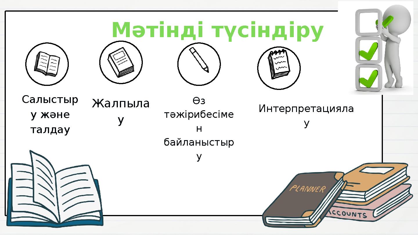 Мәтінді түсіндіру Салыстыр у және талдау Жалпыла у Өз тәжірибесіме н байланыстыр у Интерпретацияла у