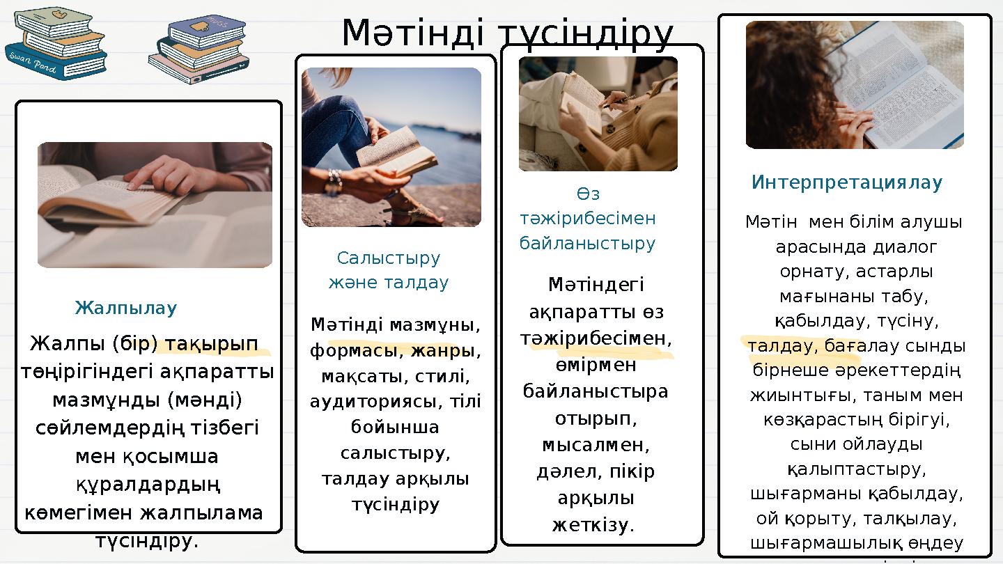 Мәтінді түсіндіру Жалпы (бір) тақырып төңірігіндегі ақпаратты мазмұнды (мәнді) сөйлемдердің тізбегі мен қосымша құралдарды