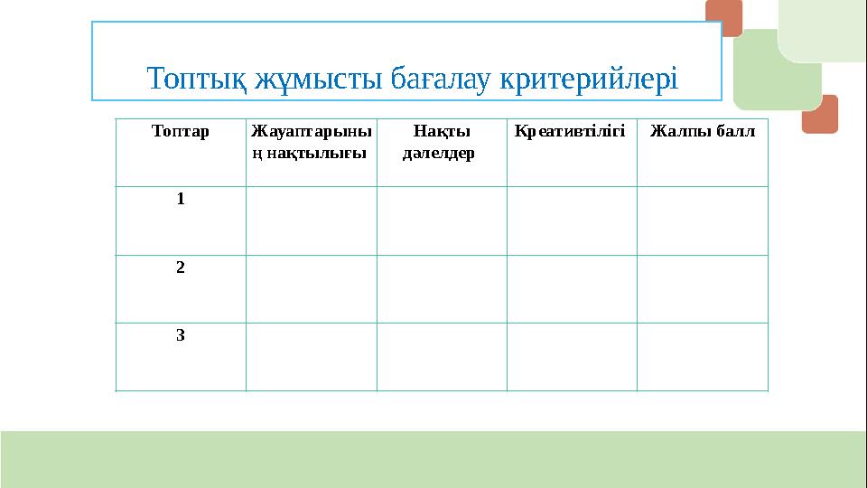 Топтық жұмысты бағалау критерийлері Топтар Жауаптарыны ң нақтылығы Нақты дәлелдер Креативтілігі Жалпы балл 1 2