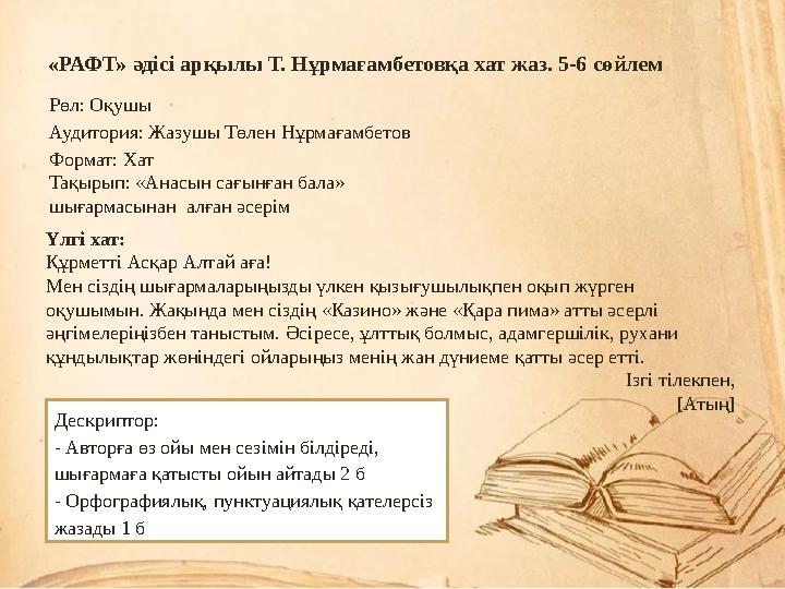 «РАФТ» әдісі арқылы Т. Нұрмағамбетовқа хат жаз. 5-6 сөйлем Рөл: Оқушы Аудитория: Жазушы Төлен Нұрмағамбетов Формат: Хат Тақырып