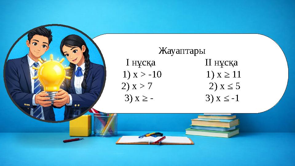 Жауаптары I нұсқа II нұсқа 1) x > -10 1) x ≥ 11 2) x > 7 2) x ≤ 5 3) x
