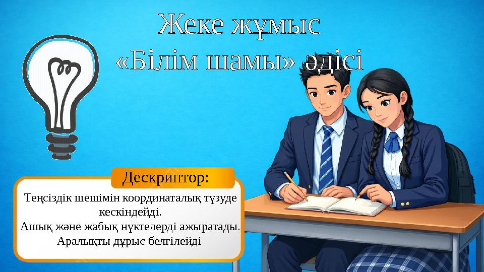 Дескриптор: Теңсіздік шешімін координаталық түзуде кескіндейді. Ашық және жабық нүктелерді ажыратады. Аралықты дұрыс белгілейді