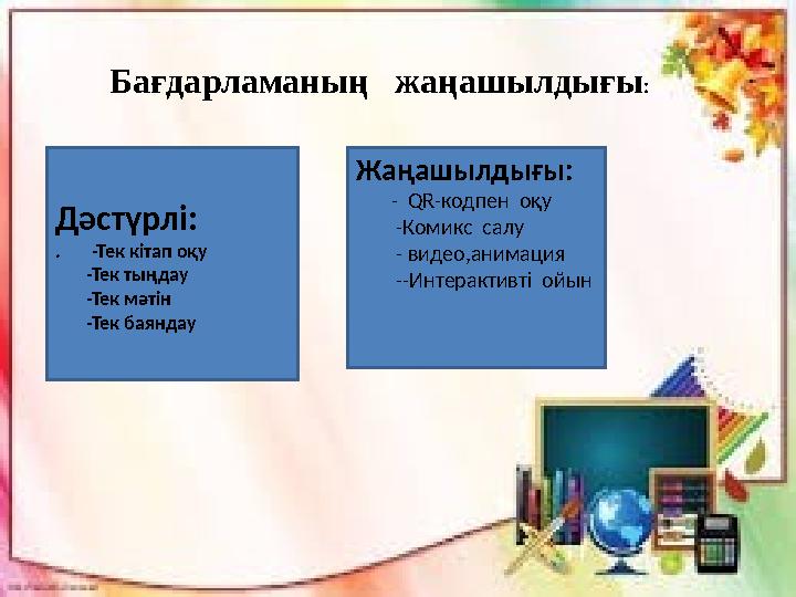 Бағдарламаның жаңашылдығы : Дәстүрлі: . -Тек кітап оқу -Тек тыңдау -Тек мәтін -Тек ба