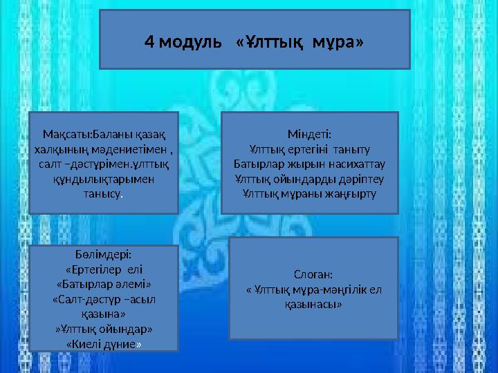 4 модуль «Ұлттық мұра» Мақсаты:Баланы қазақ халқының мәдениетімен , салт –дәстұрімен.ұлттық құндылықтарымен танысу. Мінде