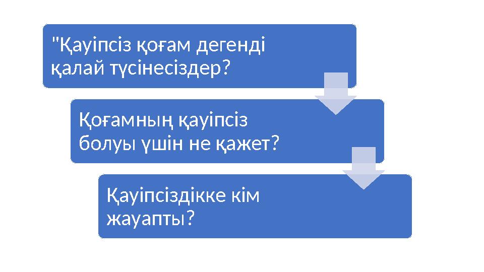 "Қауіпсіз қоғам дегенді қалай түсінесіздер? Қоғамның қауіпсіз болуы үшін не қажет? Қауіпсіздікке кім жауапты?