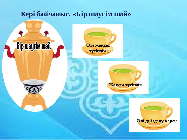 Кері байланыс. «Бір шәугім шәй» Өте жақсы түсіндім Жақсы түсіндім Әлі де іздену керек