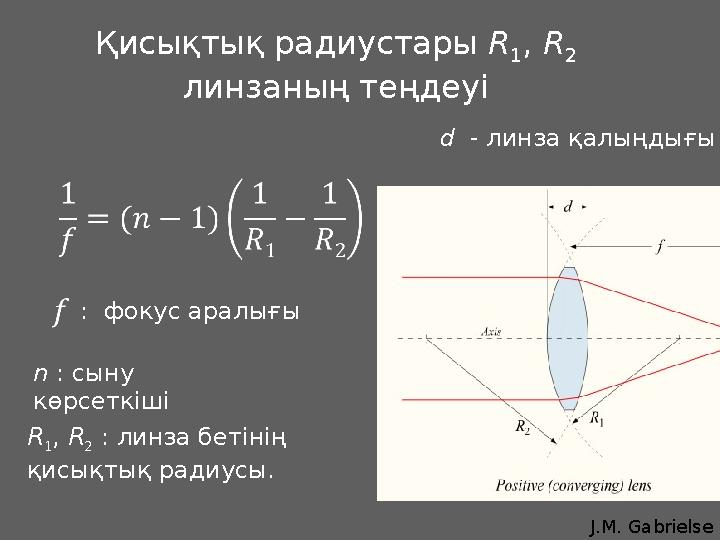 J.M. Gabrielse Қисықтық радиустары R 1, R 2 линзаның теңдеуі : фокус аралығы n : сыну көрсеткіші R 1 , R 2 : линза бетінің