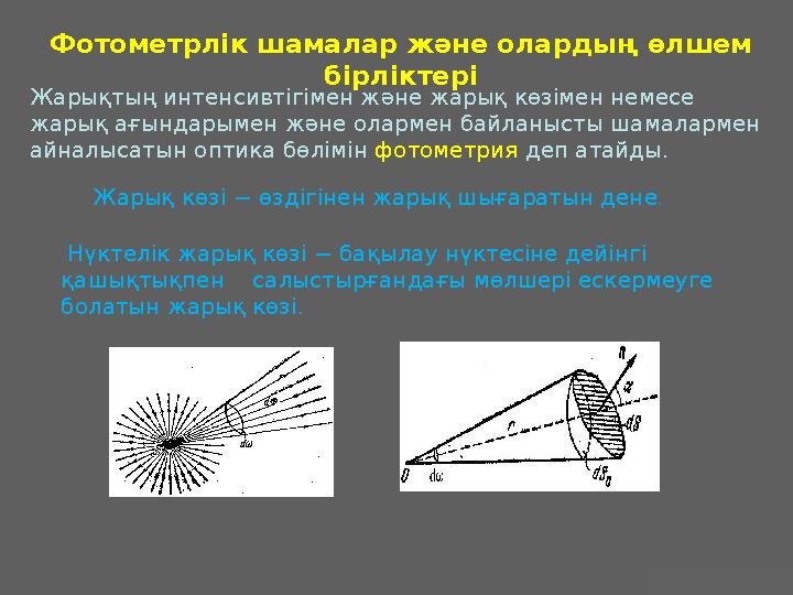 J.M. Gabrielse Фотометрлік шамалар және олардың өлшем бірліктері Жарықтың интенсивтігімен және жарық көзімен немесе жарық ағын