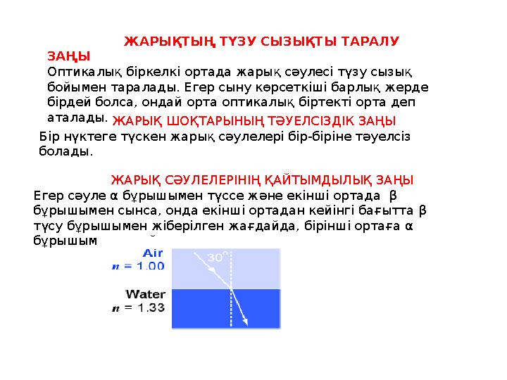 ЖАРЫҚТЫҢ ТҮЗУ СЫЗЫҚТЫ ТАРАЛУ ЗАҢЫ Оптикалық біркелкі ортада жарық сәулесі түзу сызық бойымен таралады. Егер