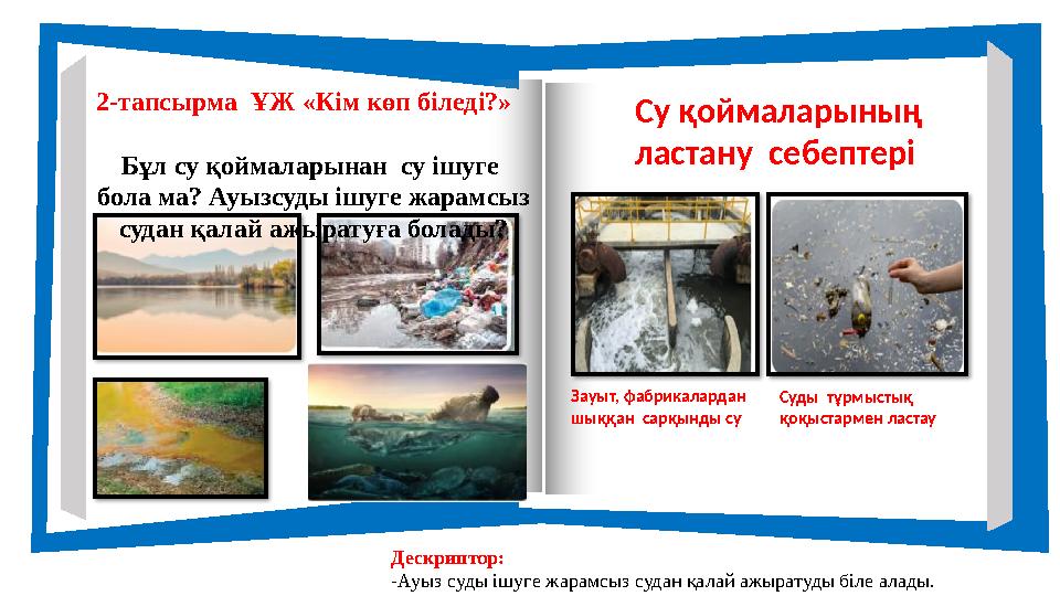 2-тапсырма ҰЖ «Кім көп біледі?» Бұл су қоймаларынан су ішуге бола ма? Ауызсуды ішуге жарамсыз