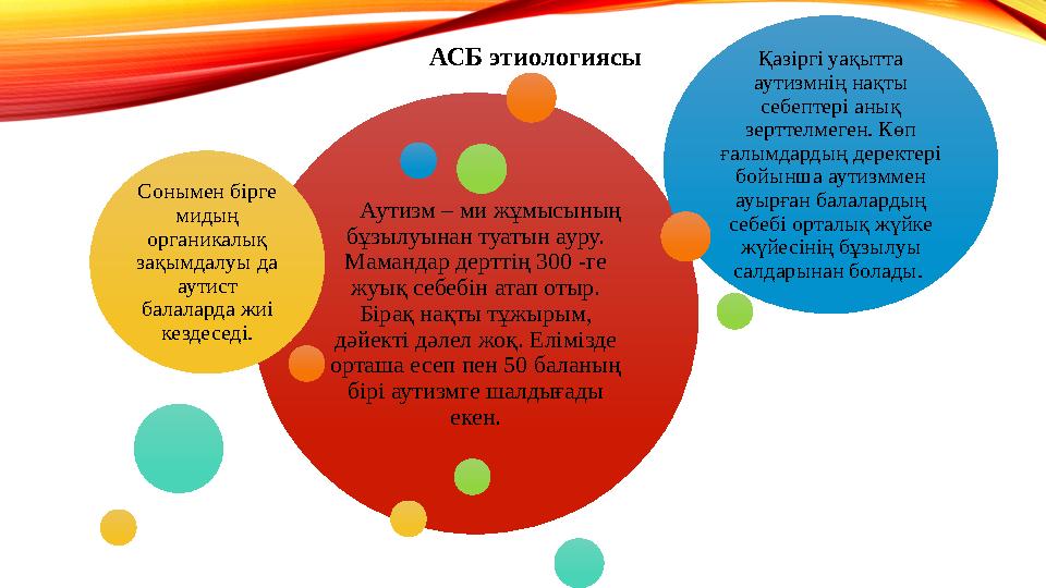АСБ этиологиясы Аутизм – ми жұмысының бұзылуынан туатын ауру. Мамандар дерттің 300 -ге жуық себебін атап отыр. Бірақ на