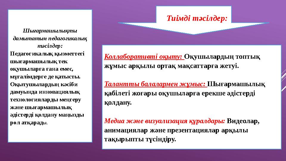 Шығармашылықты дамытатын педагогикалық тәсілдер: Педагогикалық қызметтегі шығармашылық тек оқушыларға ғана емес, мұғалімдер
