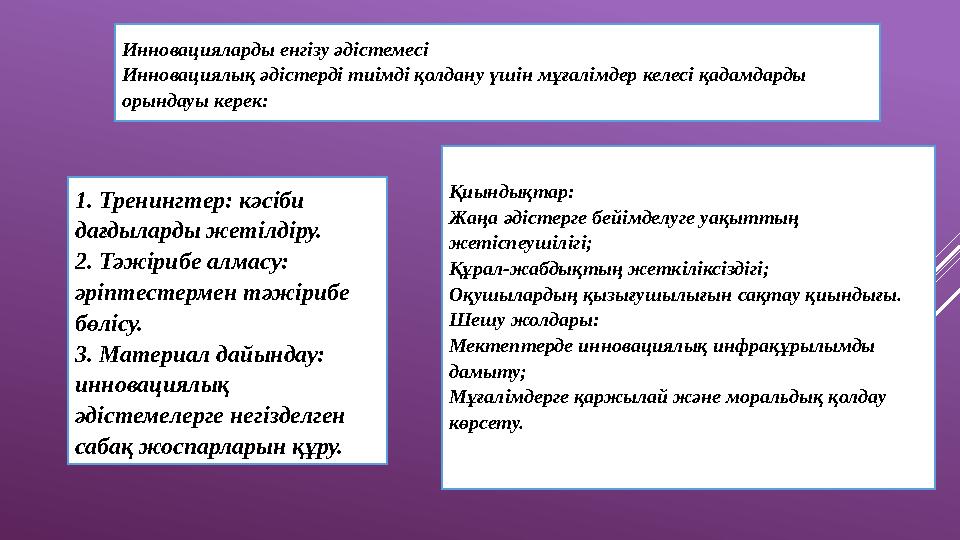 Инновацияларды енгізу әдістемесі Инновациялық әдістерді тиімді қолдану үшін мұғалімдер келесі қадамдарды орындауы керек: 1. Тре