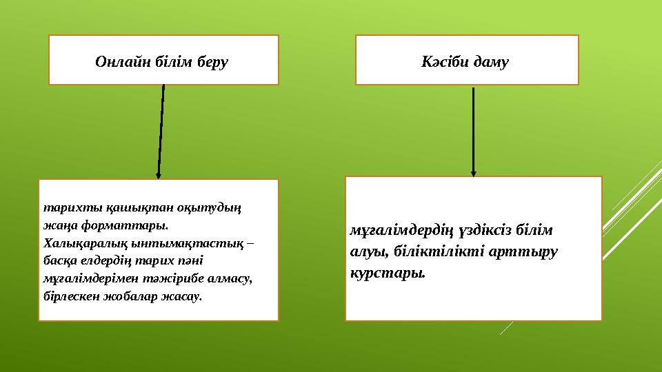 Онлайн білім беру Кәсіби даму тарихты қашықтан оқытудың жаңа форматтары. Халықаралық ынтымақтастық – басқа елдердің тарих пә
