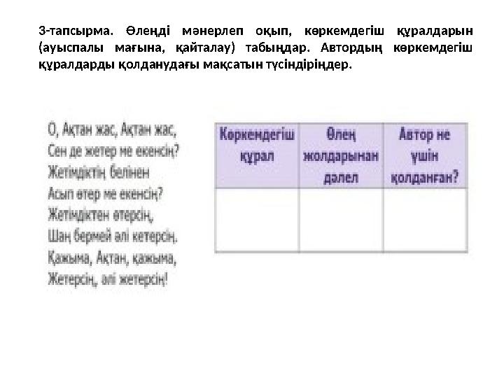 3-тапсырма. Өлеңді мәнерлеп оқып, көркемдегіш құралдарын (ауыспалы мағына, қайталау) табыңдар. Автордың көркемдегіш құралдарды