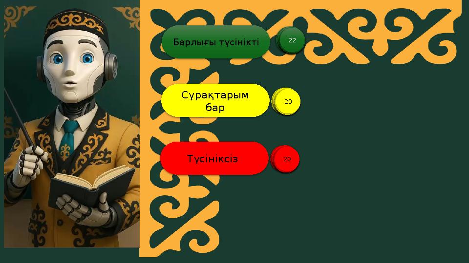 Барлығы түсінікті 12345678910111213141516171819202122 Сұрақтарым бар 1234567891011121314151617181920 Түсініксіз 12345678910111