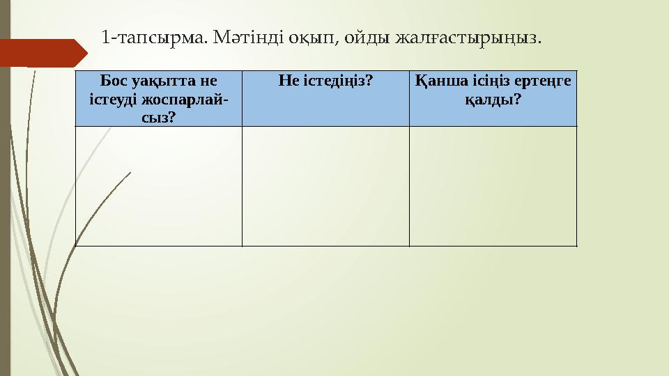 1-тапсырма. Мәтінді оқып, ойды жалғастырыңыз. Бос уақытта не істеуді жоспарлай- сыз? Не істедіңіз?Қанша ісіңіз ертеңге қалды?