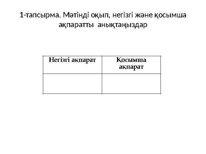 1-тапсырма. Мәтінді оқып, негізгі және қосымша ақпаратты анықтаңыздар Негізгі ақпарат Қосымша ақпарат